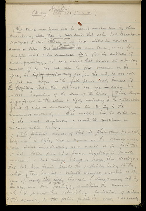 First page of the manuscript of The Scarab Murder Case
                                    by S. S. Van Dine (Willard Huntington Wright) (1930)