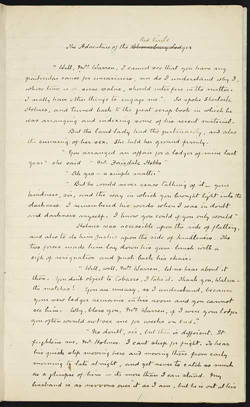 First page of the manuscript of The Adventure of the Red Circle by Sir Arthur Conan Doyle (n.d.)
