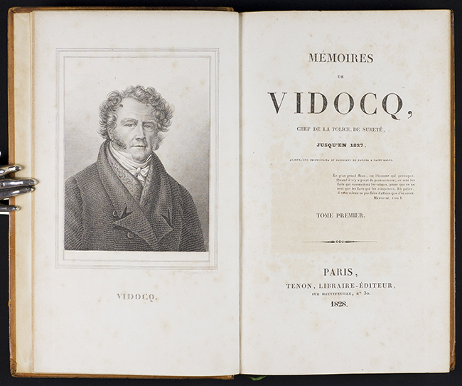 Title page and frontispiece of Memoires de Vidocq by Vidocq (1828-29)