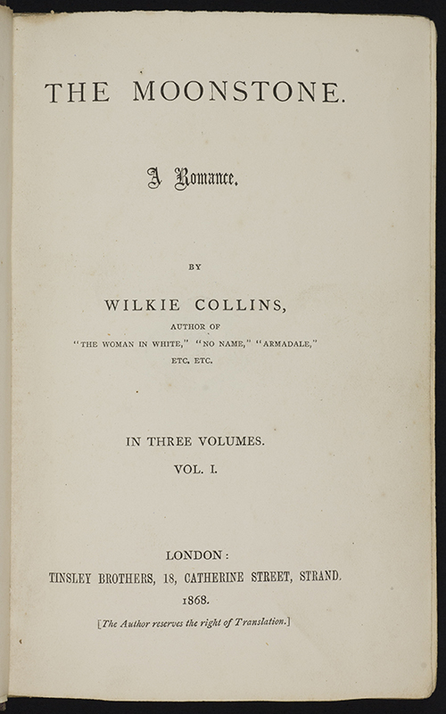 Title page of the Tinsley 1868 edition of The Moonstone by Wilkie Collins