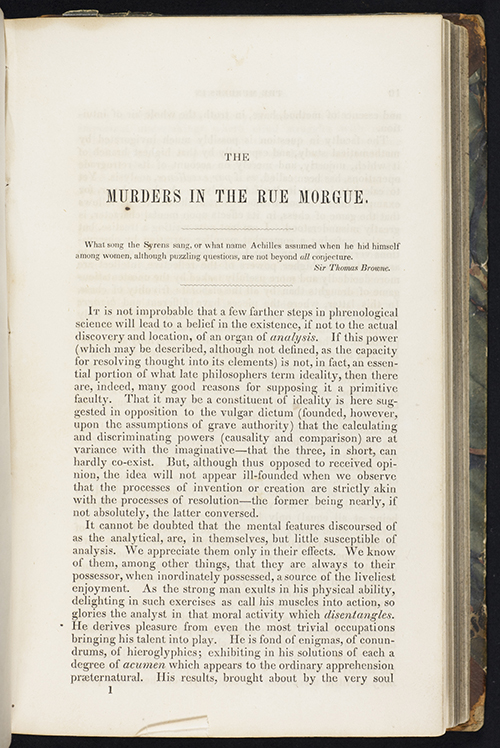 First page of The Murders in the Rue Morgue by Edgar Allan Poe in The Prose Romances of Edgar A. Poe (1843)