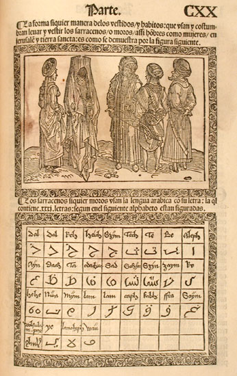 An illustration of typical Saracen dress, and a table of the
                                Saracen alphabet
