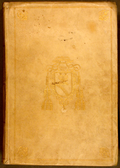 Binding of contemporary gilt-stamped vellum with a cardinal’s
                                arms on the covers. (Possibly from the library of Cardinal Lorenzo
                                Imperioli, 1611-73.)