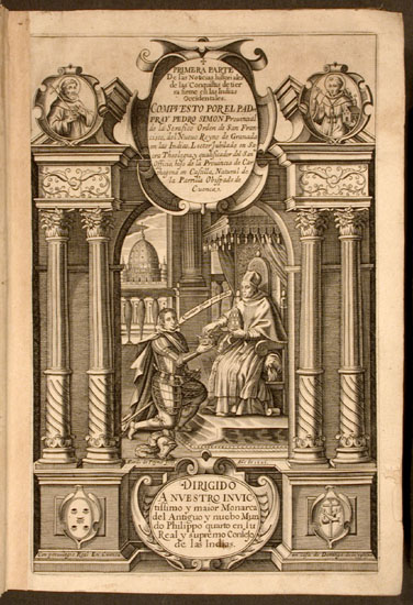 Engraved title page showing Pope Alexander VI investing King
                                Ferdinand of Spain with the crown of the Indies