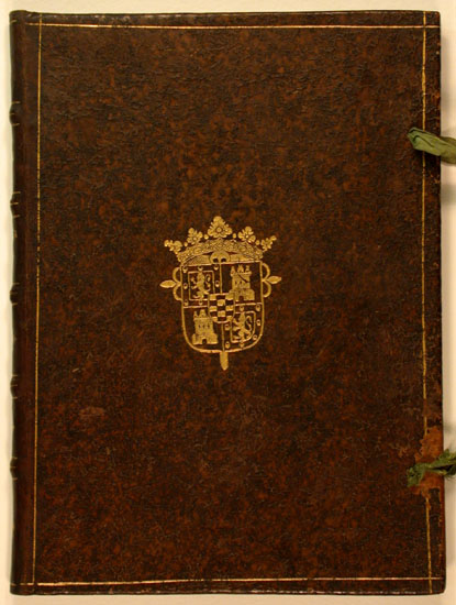 Upper cover. Bound in old calf with unidentified coat of arms