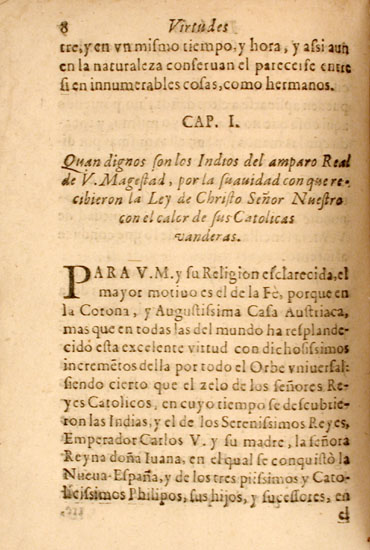 Opening passage of Chapter 1, in which Palafox praises the
                                virtues of the Mexican Indians