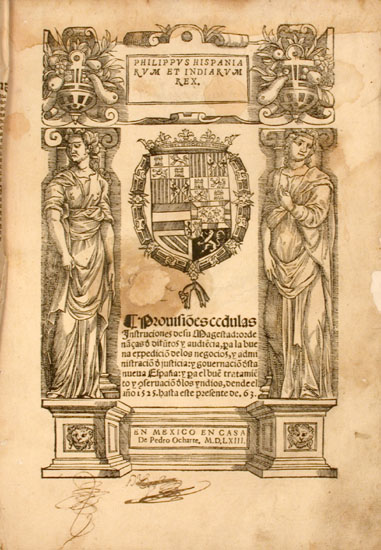 Title enclosed in woodcut architectural compartment, containing
                                the arms of Spain