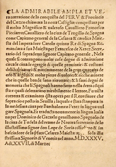 Opening page of text of Xeres' account of the Inca Empire