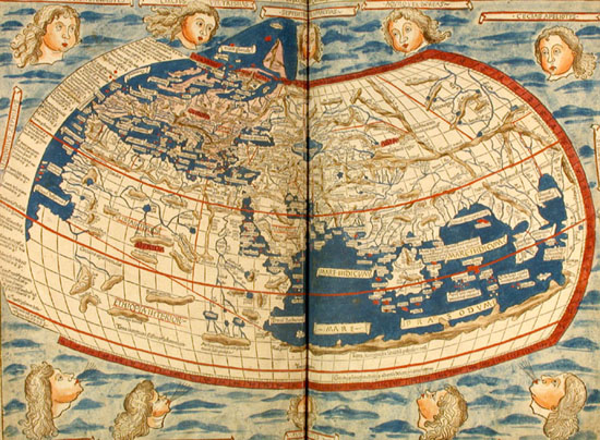 Double folio woodcut world map, hand colored