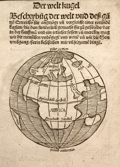 Woodcut map of the Eastern Hemisphere on title page