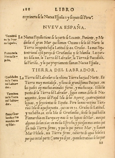 A page of text from the second part of the book, with
                                descriptions of Nueva Espana (Mexico and Panama) and Tierra del
                                Labrador (in Canada)