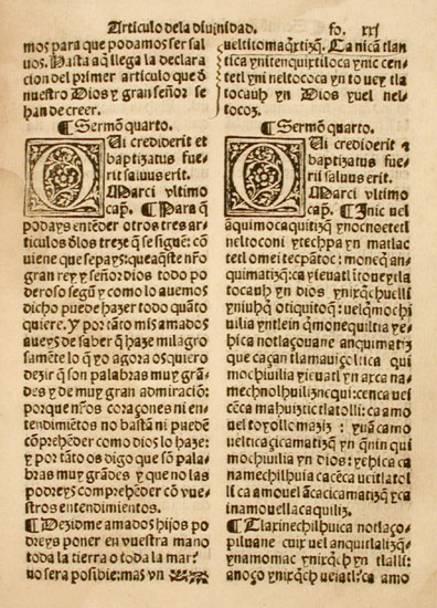 The opening of sermon four, printed in Spanish (left) and
                                Mexican (right)
