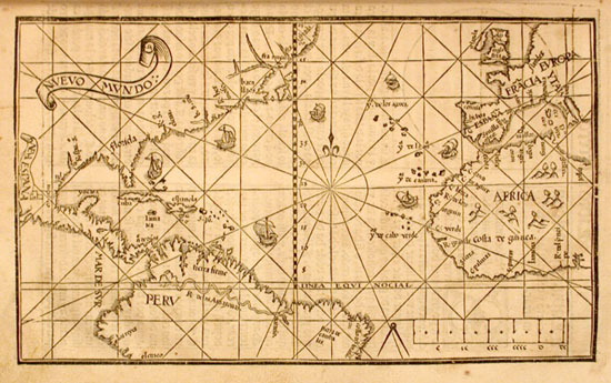 Woodcut map of the world, representing the results of Spanish
                                geographical discovery to 1545