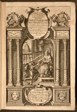 Engraved title page showing Pope Alexander VI investing King
                                Ferdinand of Spain with the crown of the Indies