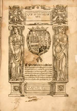 Title enclosed in woodcut architectural compartment, containing
                                the arms of Spain