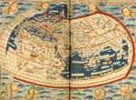 Double folio woodcut world map, hand colored