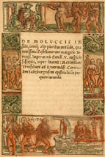 Title within woodcut border, consisting of hand-colored nude figures