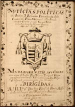 Manuscript title within an ornamental border containing the
                                arms of Don Fray Francisco de Borja